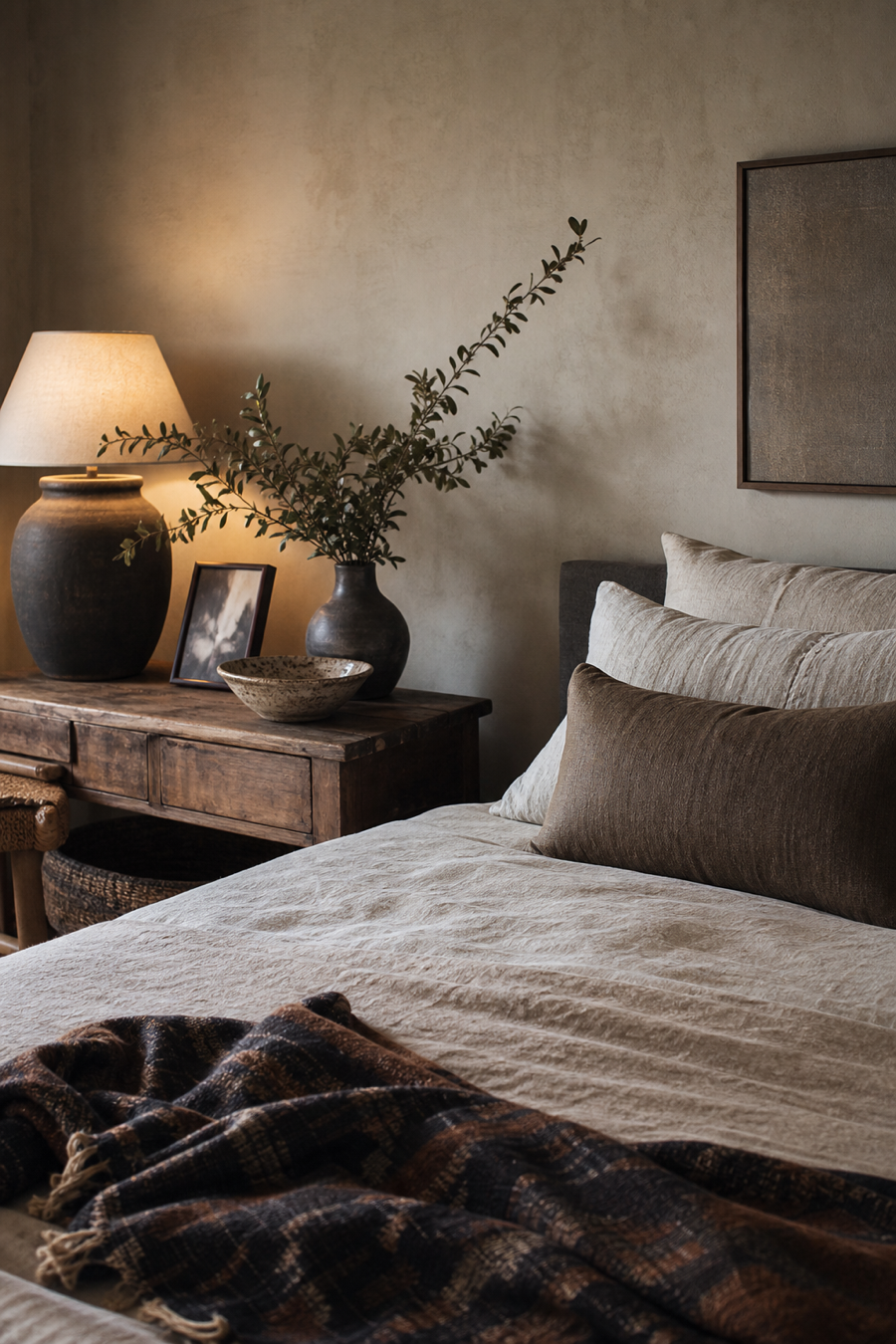 Personal decor vignette with handmade ceramics and meaningful textile