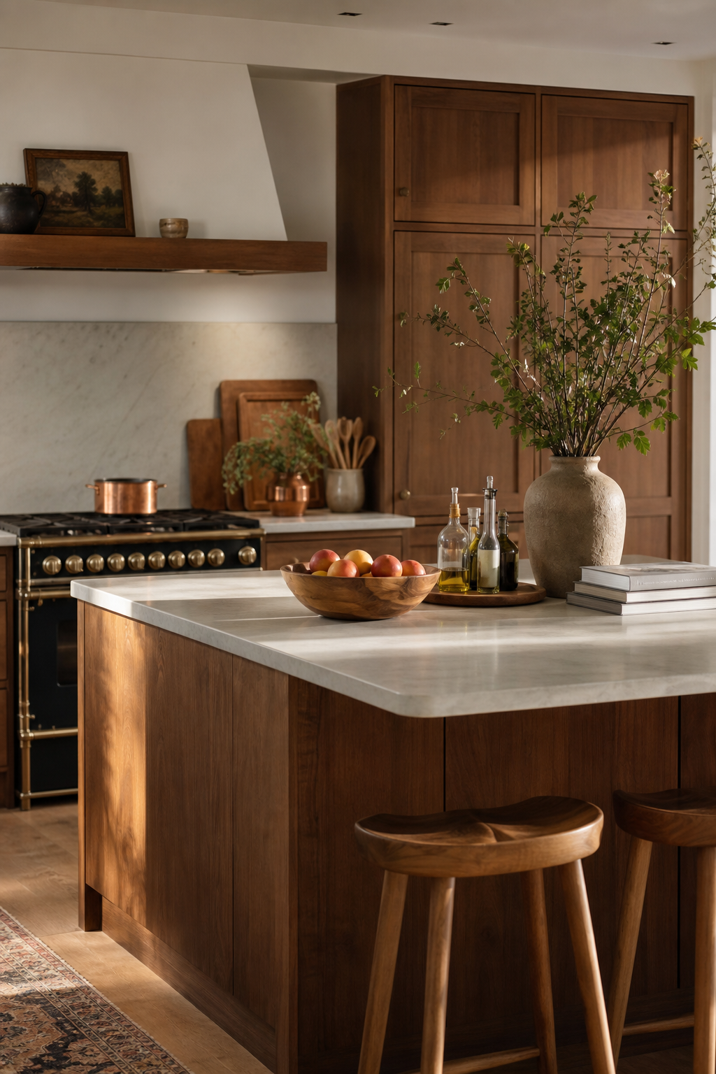 Simple warm lived-in kitchen with fruit bowl, tray, branches, clear prep space, and wood cabinets