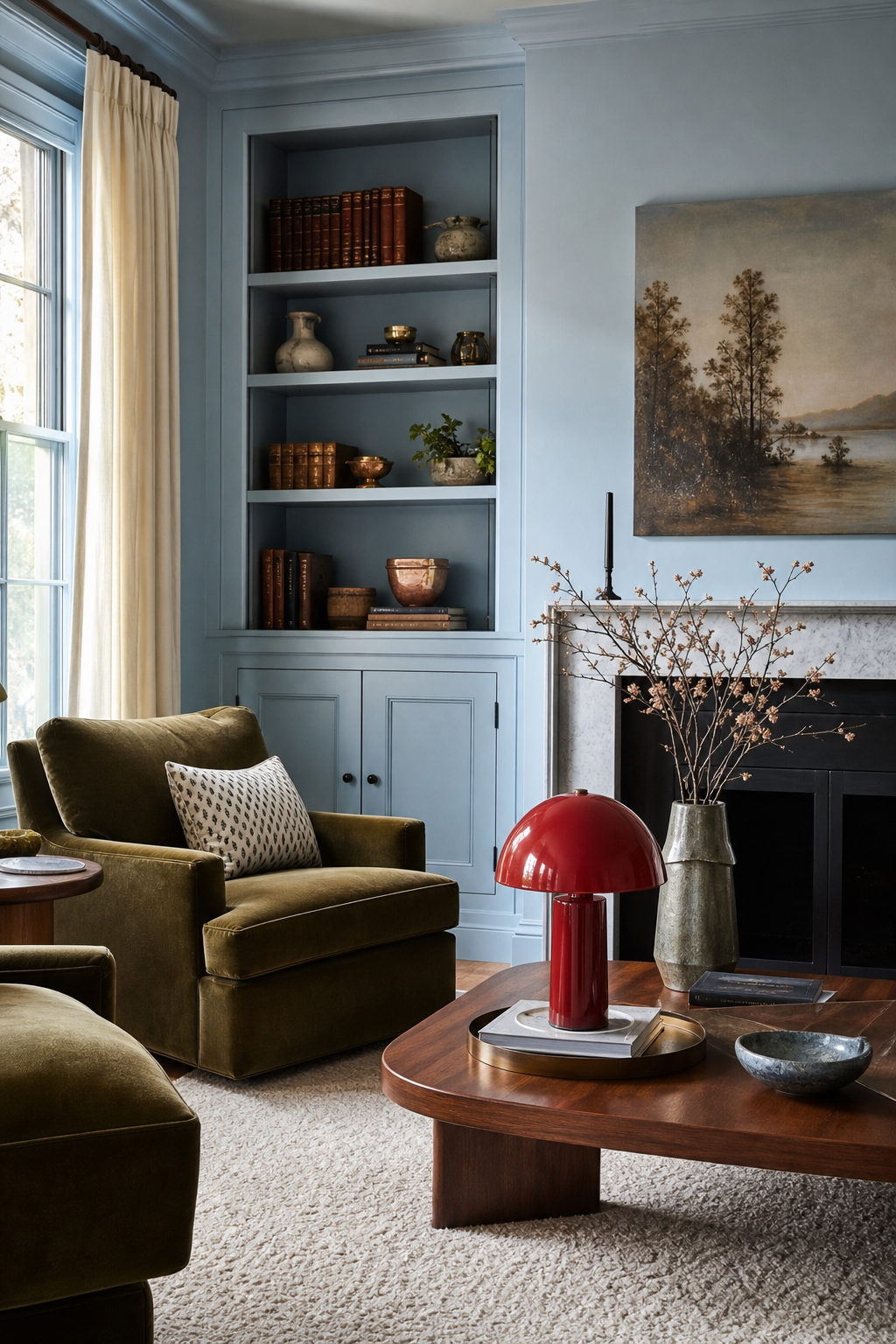 Luxury sitting room with pale blue walls, tomato red accents, olive velvet chair, and walnut table