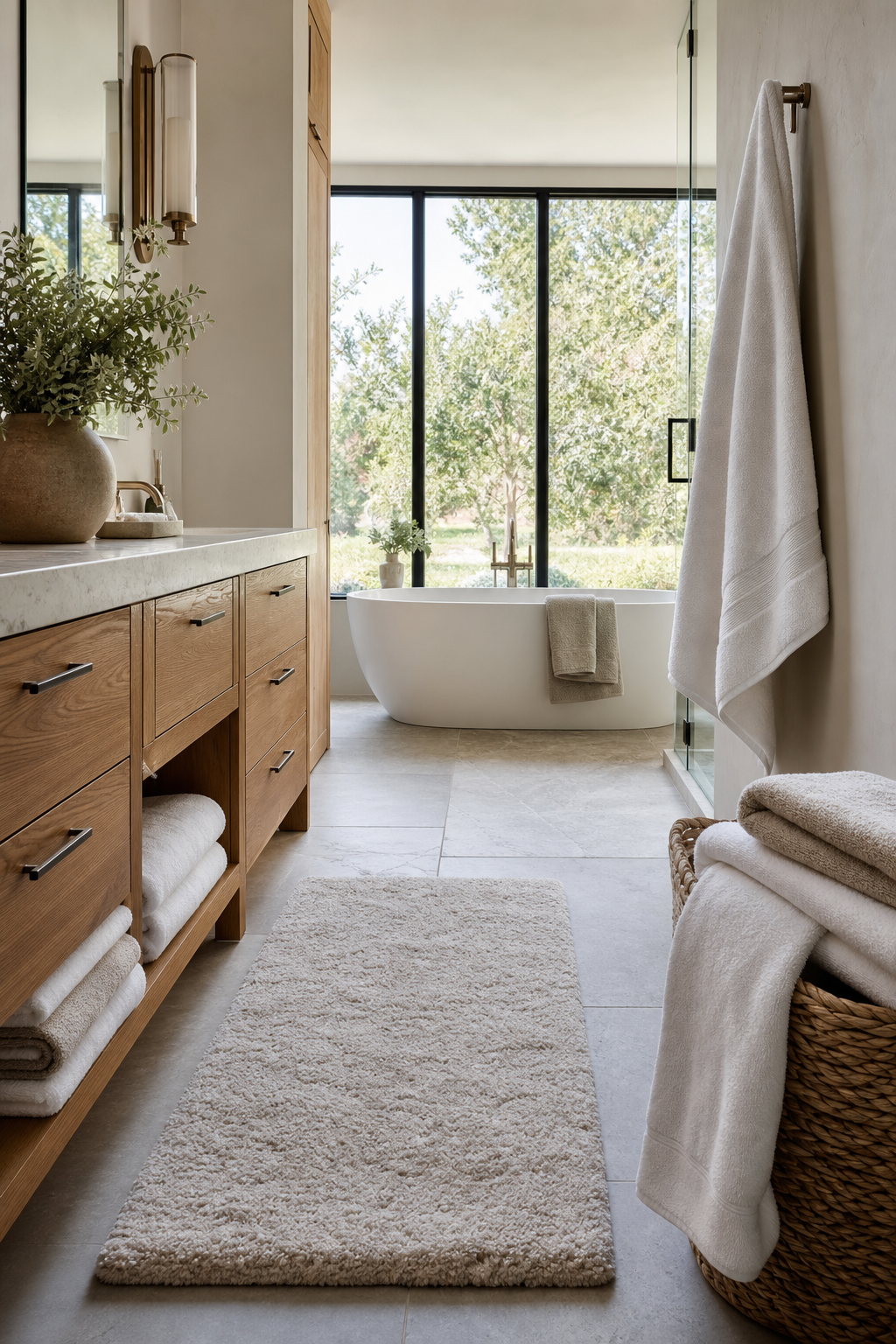 Plush towels and bath mat in a spa-like master bath