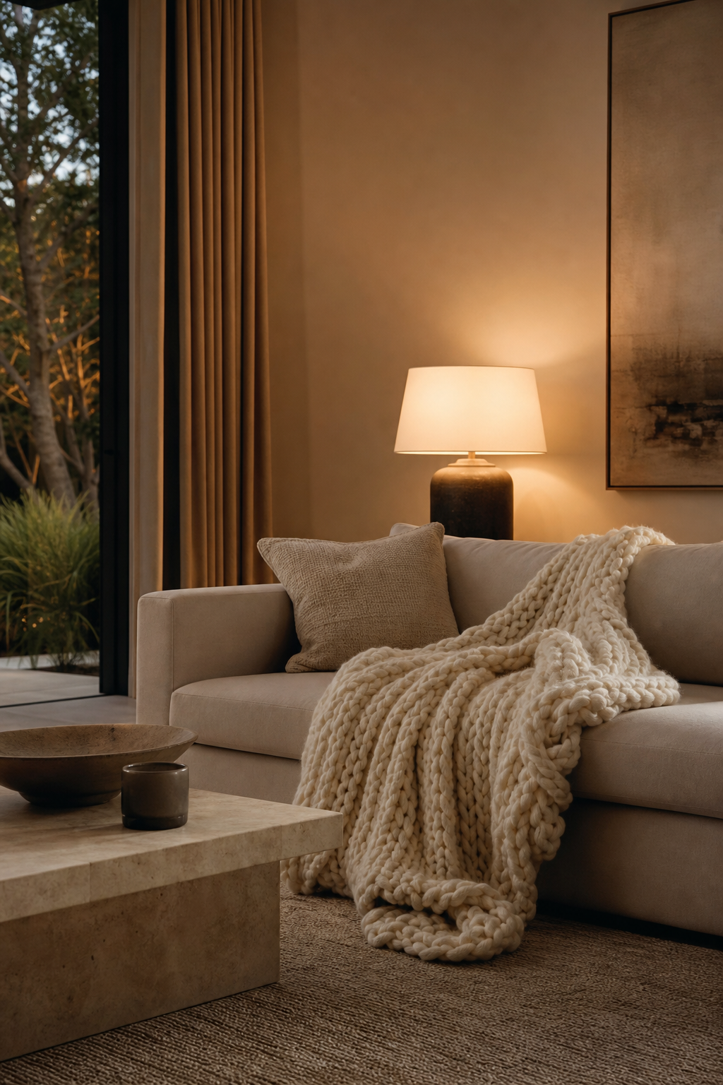 finish with one cozy throw in a cozy minimalist living room