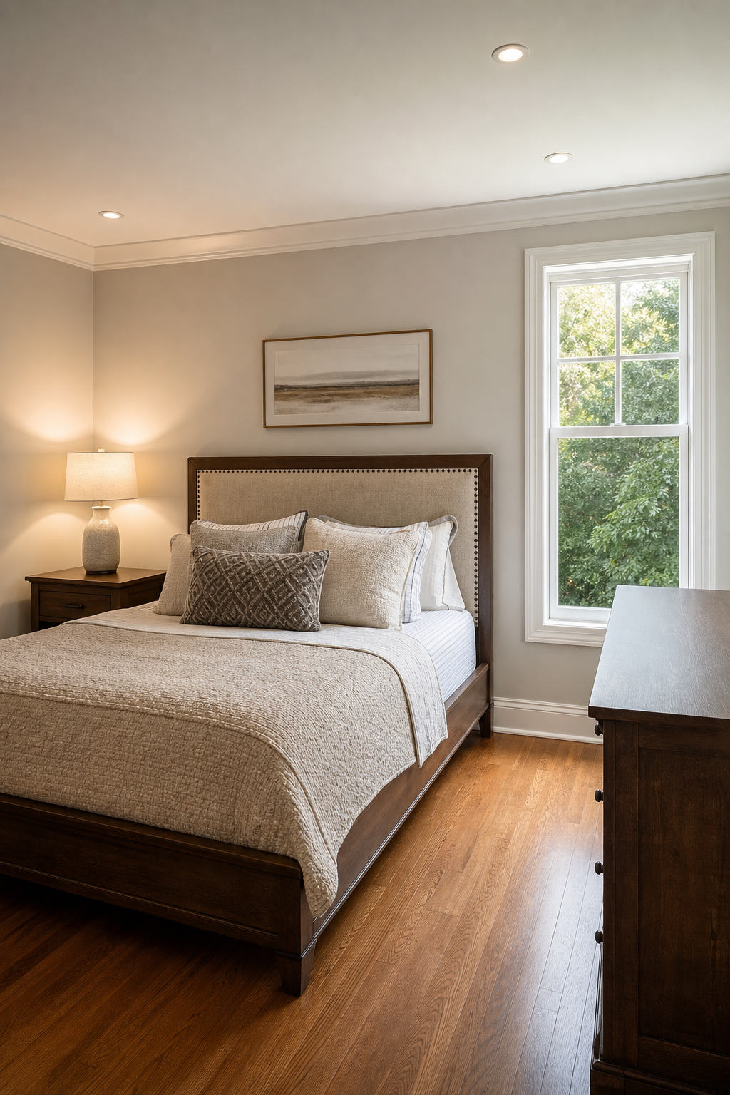 Polished small bedroom with edited styling and breathing room